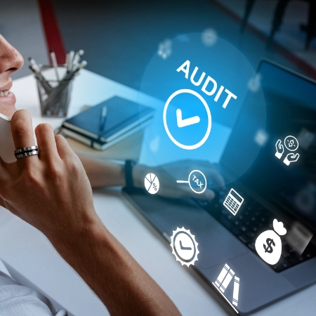 Professional auditors analyzing business processes and reports